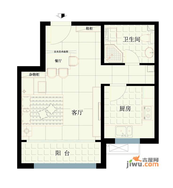 西路时代大厦1室2厅1卫50.6㎡户型图