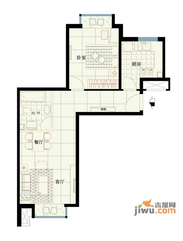 西路时代大厦1室2厅1卫64.8㎡户型图