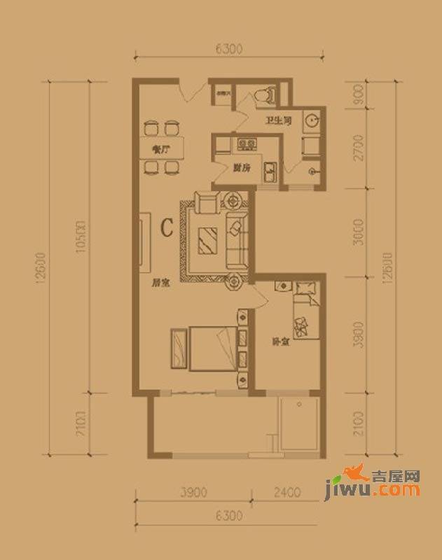 博鳌香槟郡2室1厅1卫80.6㎡户型图