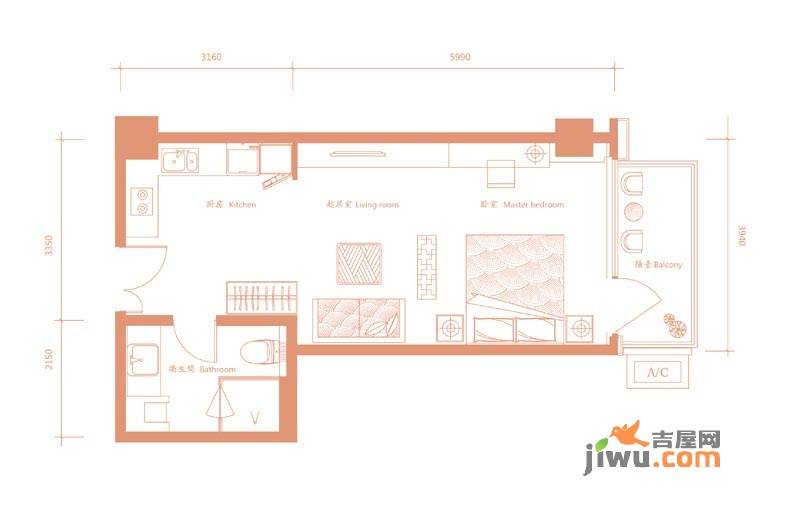 建邦礼仕阁1室0厅1卫58㎡户型图