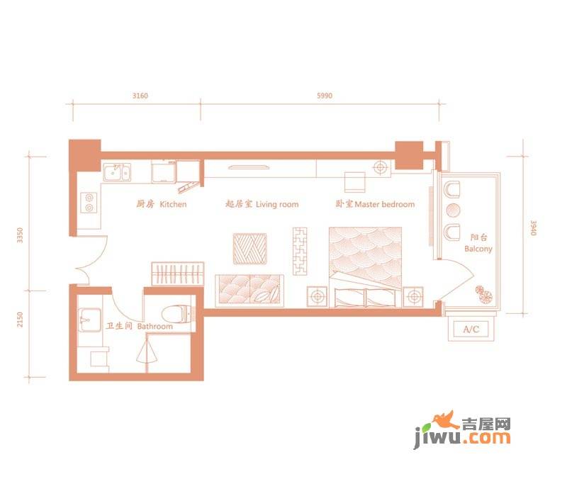 建邦礼仕阁1室0厅1卫58㎡户型图