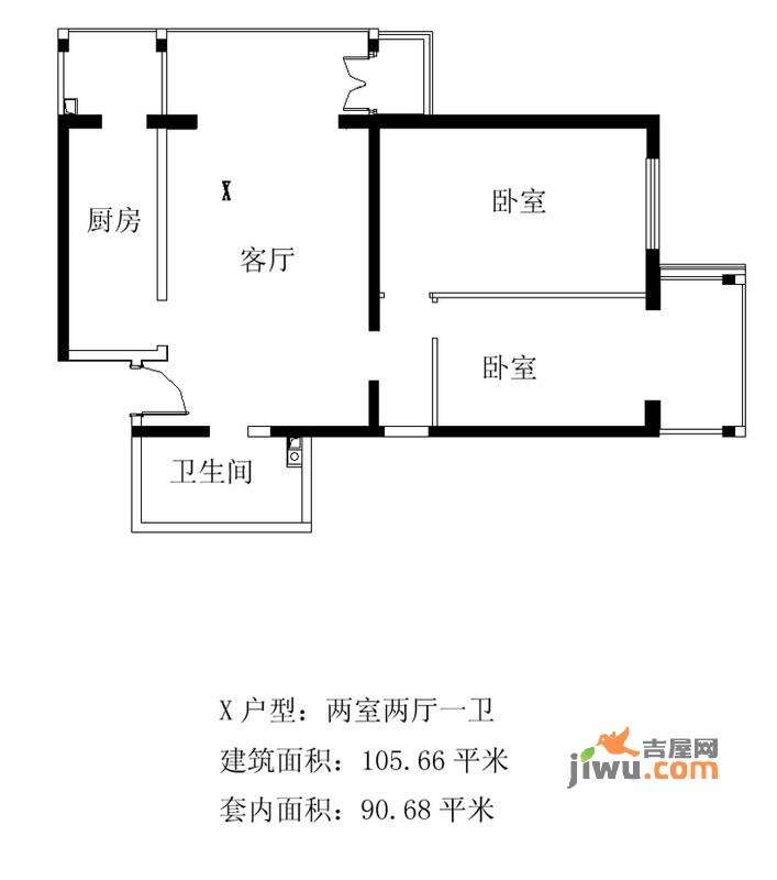 铂晶豪庭2室2厅1卫105.7㎡户型图