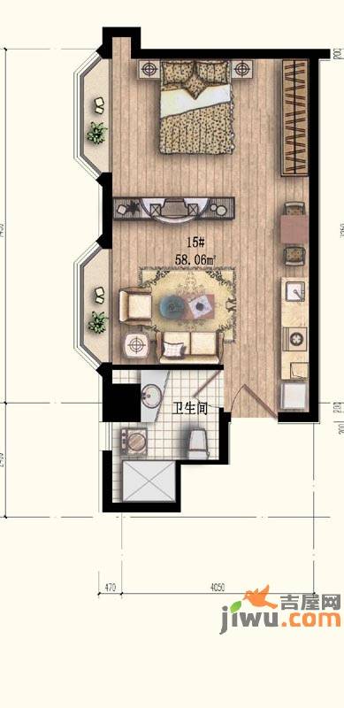 嘉特美大厦1室1厅1卫58.1㎡户型图