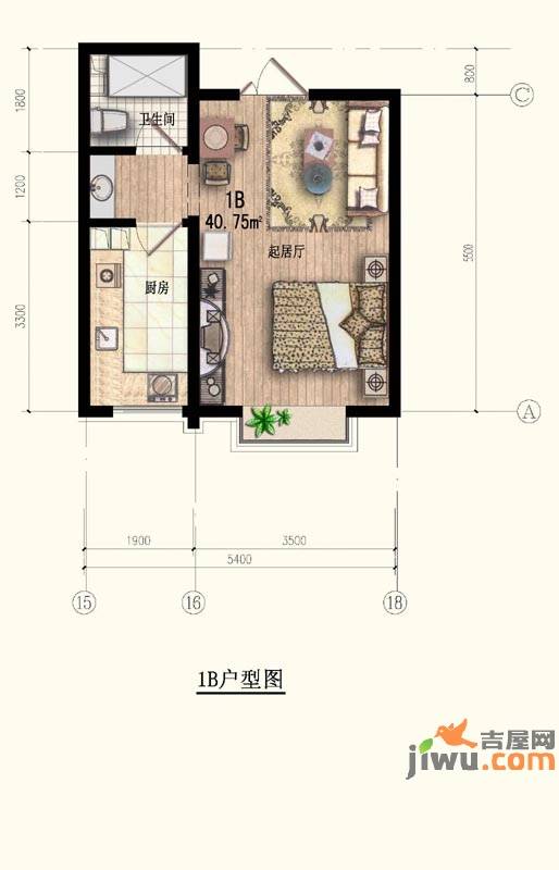 嘉特美大厦1室2厅1卫40.8㎡户型图