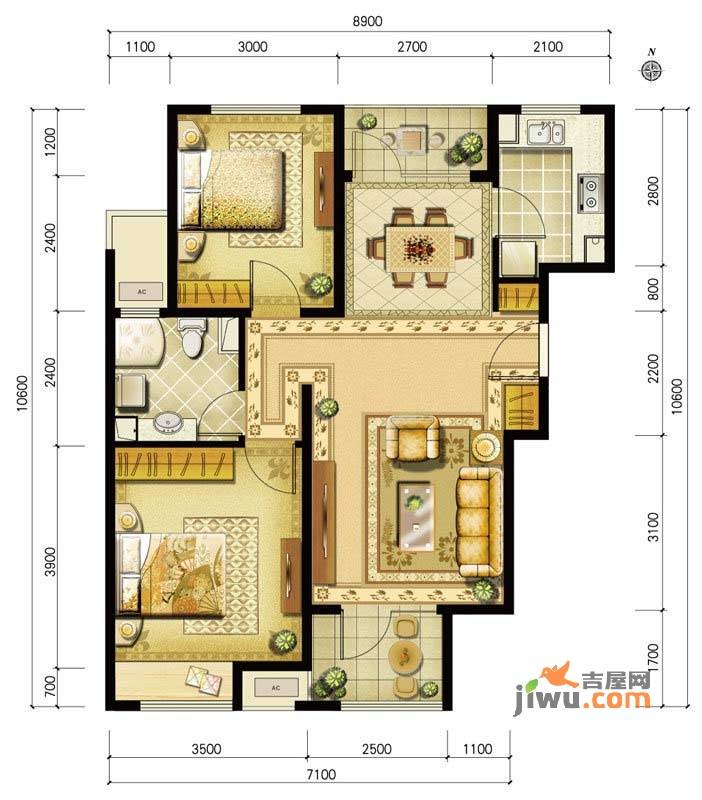 金地仰山2室2厅1卫90㎡户型图