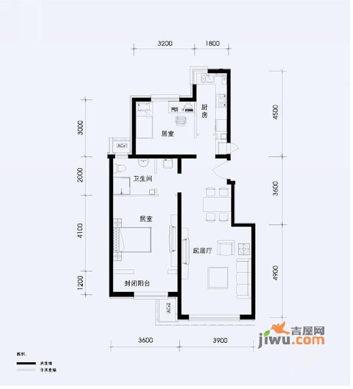 北京苏活2室2厅1卫90.6㎡户型图