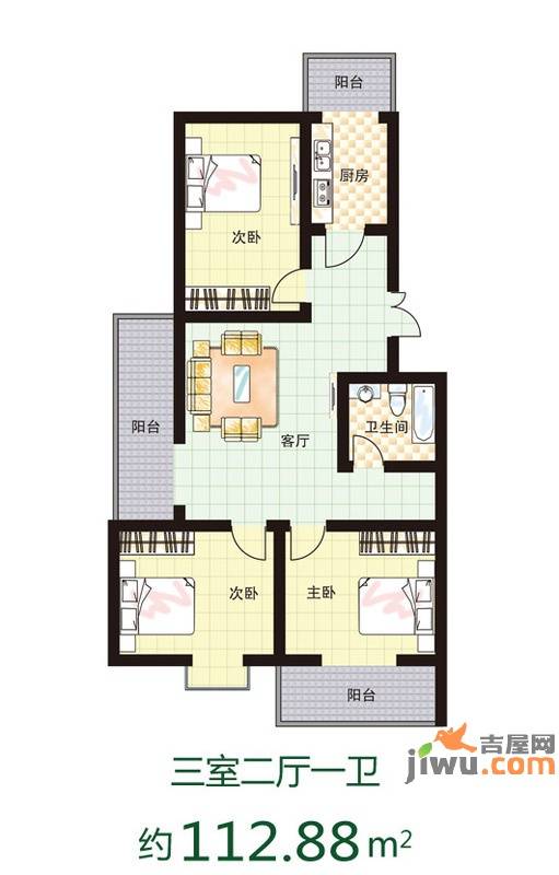 园区公寓3室2厅1卫112.9㎡户型图