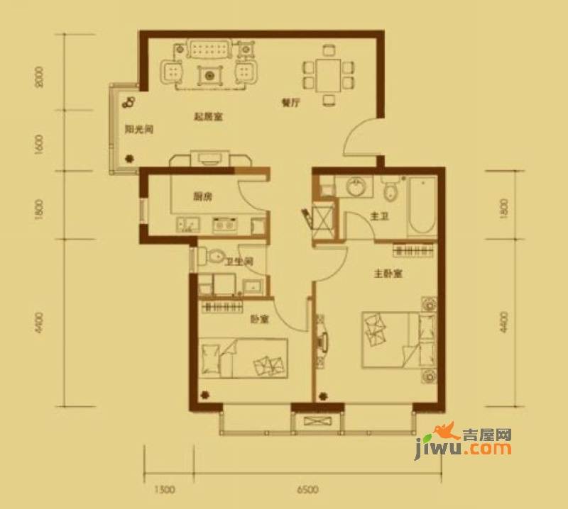 星河1852室2厅2卫85㎡户型图