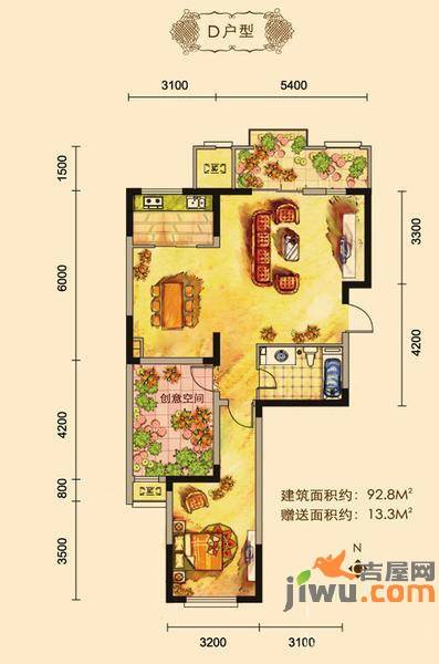 金科帕提欧Ⅱ美遇1室2厅1卫92.8㎡户型图