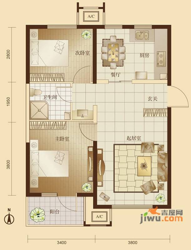 万年花城濠景2室2厅1卫90㎡户型图