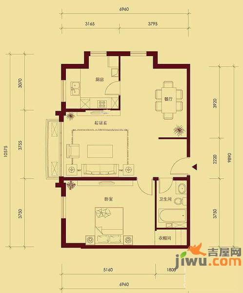 中海城香克林1室2厅1卫78.9㎡户型图