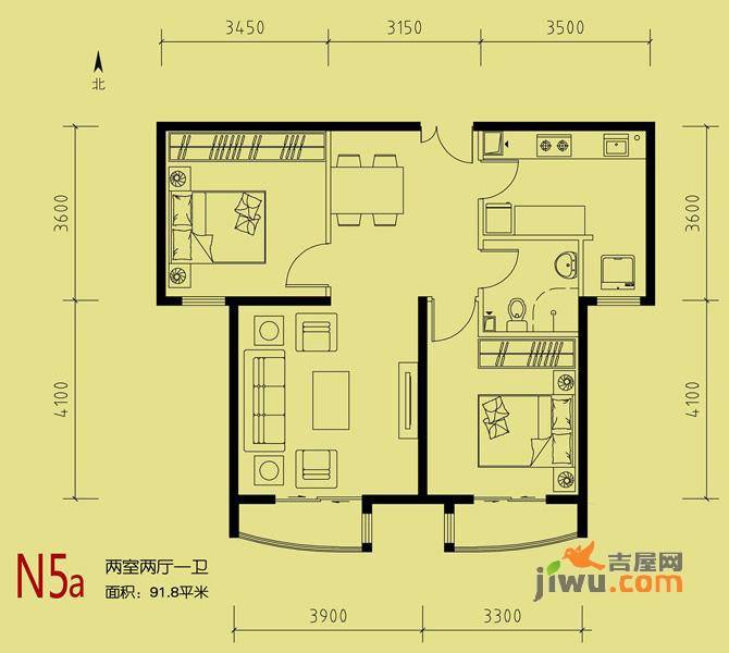 天洋城2室2厅1卫91.8㎡户型图