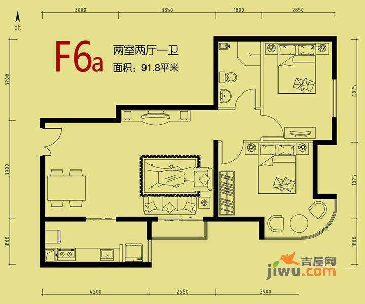 天洋城2室2厅1卫91.8㎡户型图