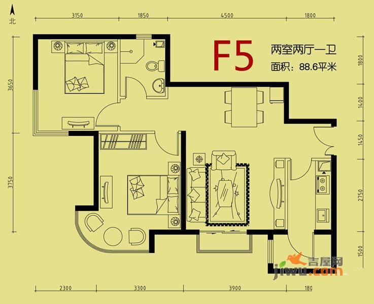 天洋城2室2厅1卫88.6㎡户型图