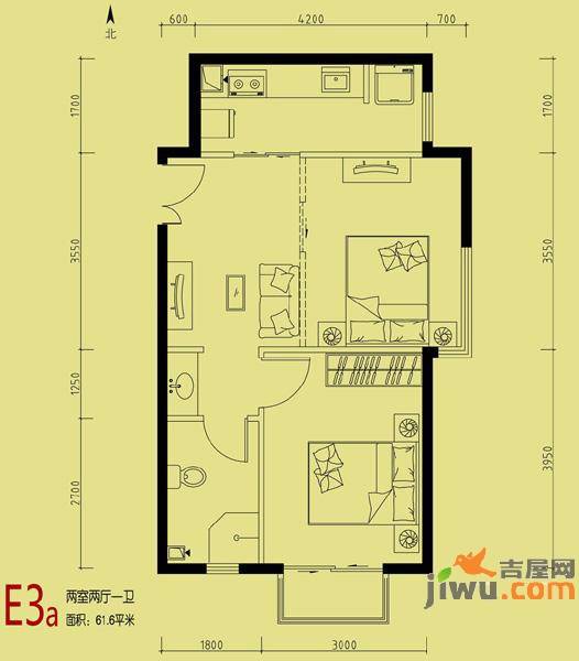 天洋城2室2厅1卫61.6㎡户型图