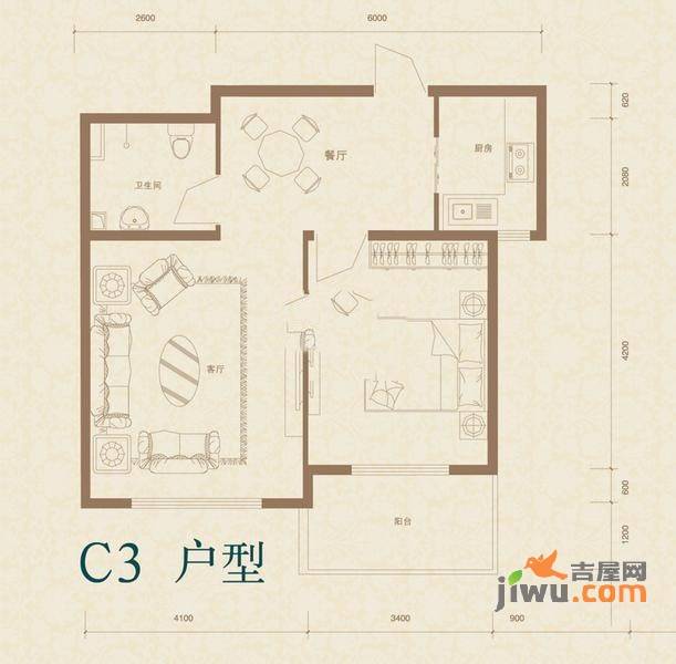 水色时光花园1室2厅1卫户型图