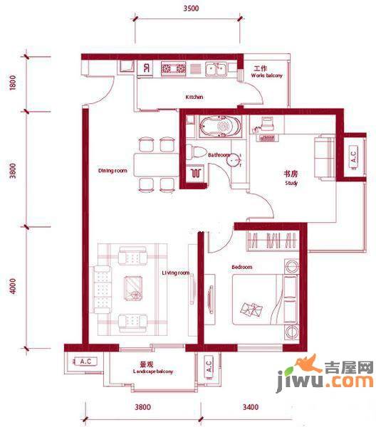 鸿坤理想城曦望山2室2厅1卫91㎡户型图