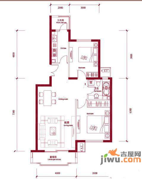 鸿坤理想城曦望山2室2厅1卫90㎡户型图