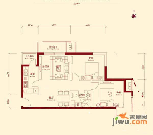 鸿坤理想城曦望山2室2厅1卫90㎡户型图