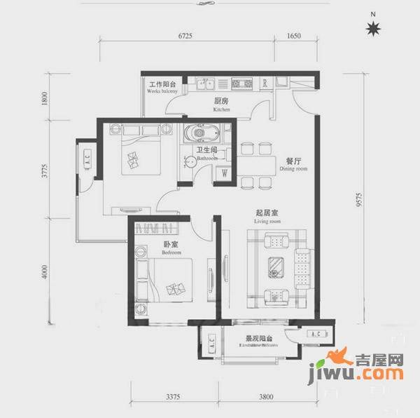 鸿坤理想城曦望山2室2厅1卫95㎡户型图