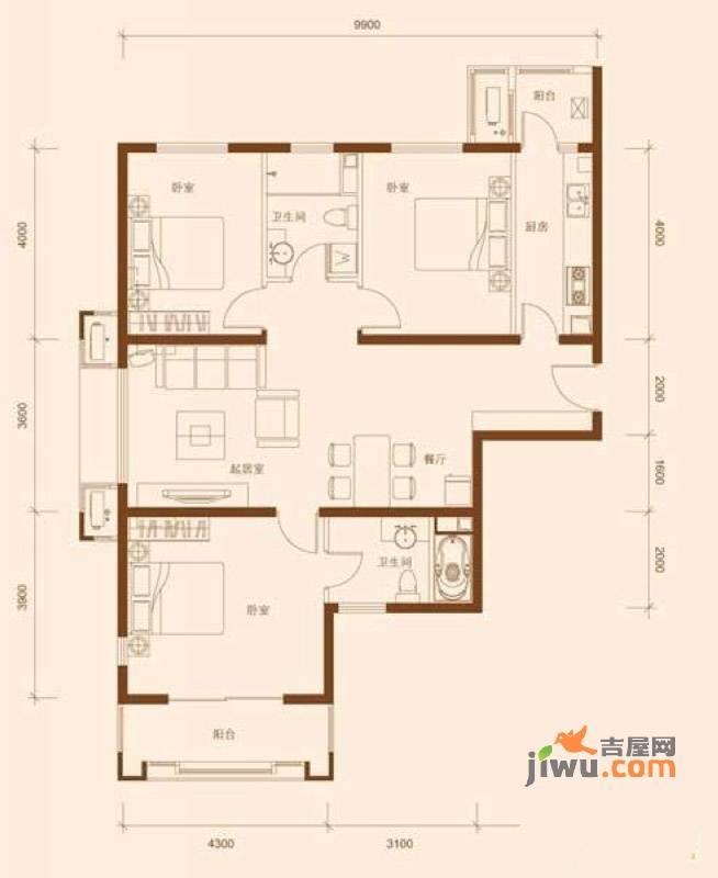 鸿坤理想城曦望山3室2厅2卫户型图