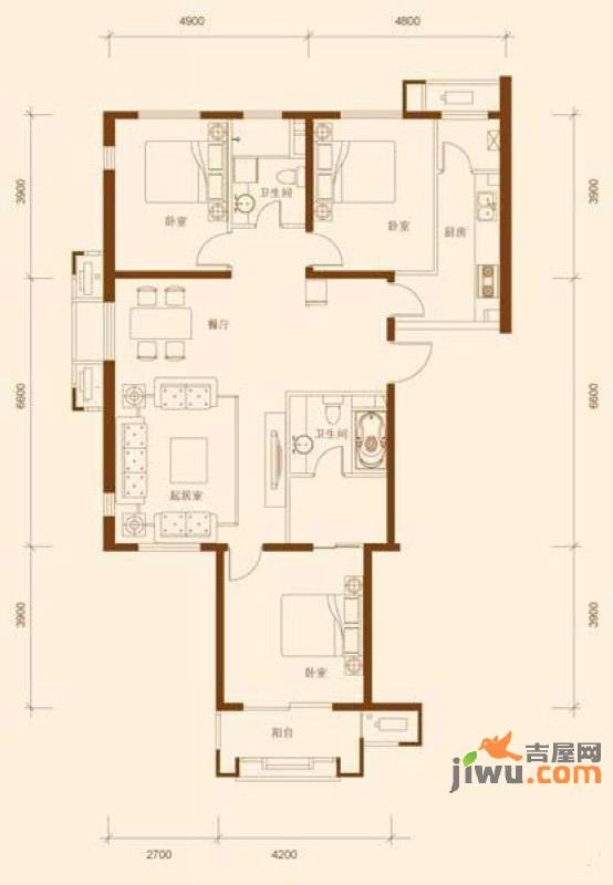 鸿坤理想城曦望山2室2厅2卫户型图