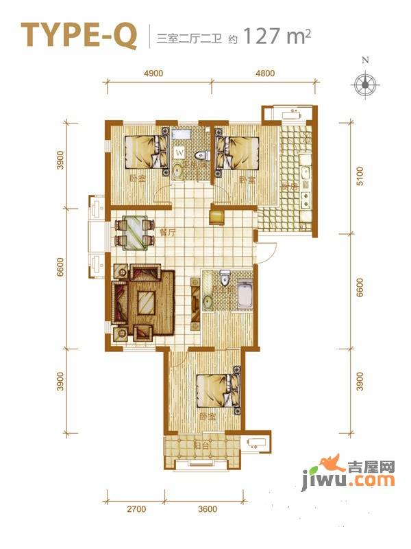 鸿坤理想城曦望山3室2厅2卫127㎡户型图