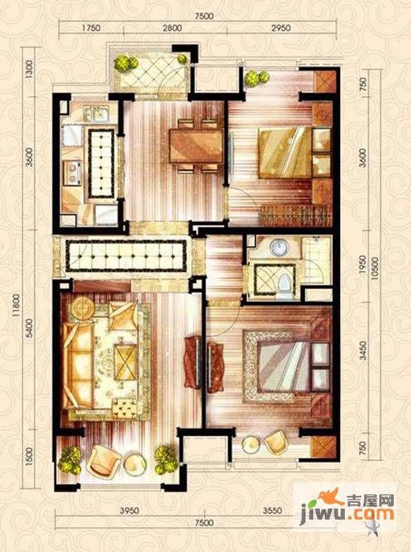 中海紫御公馆2室2厅1卫91㎡户型图