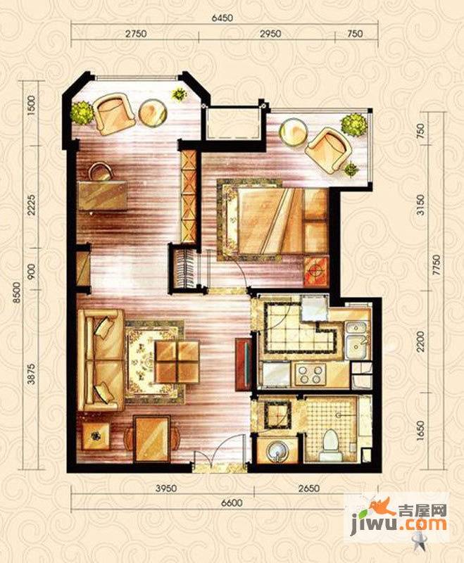 中海紫御公馆2室2厅1卫60㎡户型图