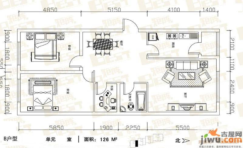 矩阵天悦2室2厅1卫126㎡户型图