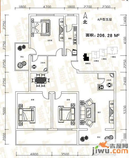 矩阵天悦3室2厅2卫206.3㎡户型图