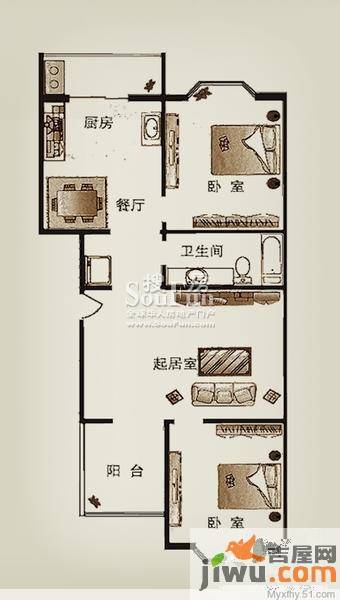 学府花园2室2厅1卫88.4㎡户型图