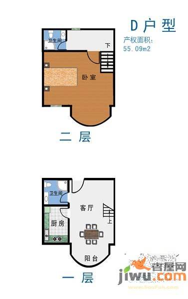 鹤巢居2室2厅2卫55.1㎡户型图