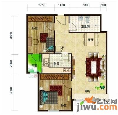 上庄三嘉信苑2室1厅1卫60㎡户型图