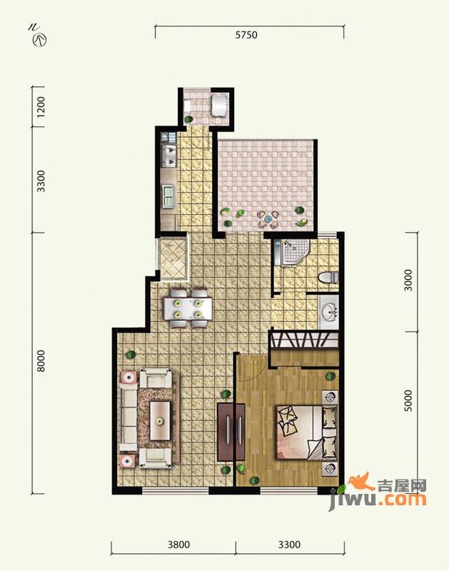 中国铁建原香小镇1室2厅1卫74㎡户型图