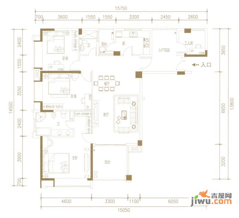 地标广场二期天誉3室2厅2卫156㎡户型图