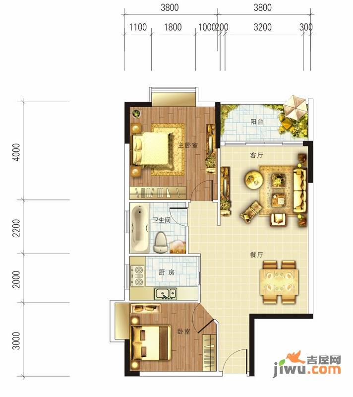 狮子洋1号2室2厅1卫91.7㎡户型图