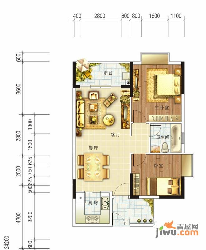 狮子洋1号2室2厅1卫85.5㎡户型图