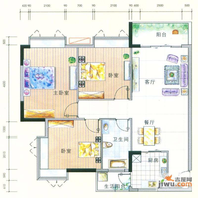 城蕊首府3室2厅1卫98㎡户型图