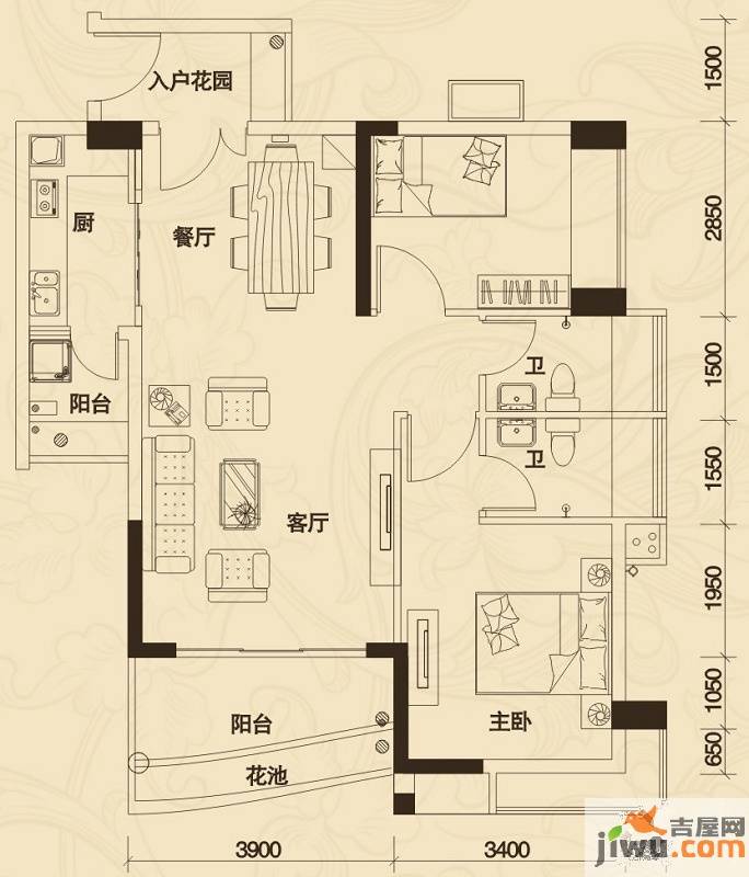 花城广场2室2厅2卫88.2㎡户型图