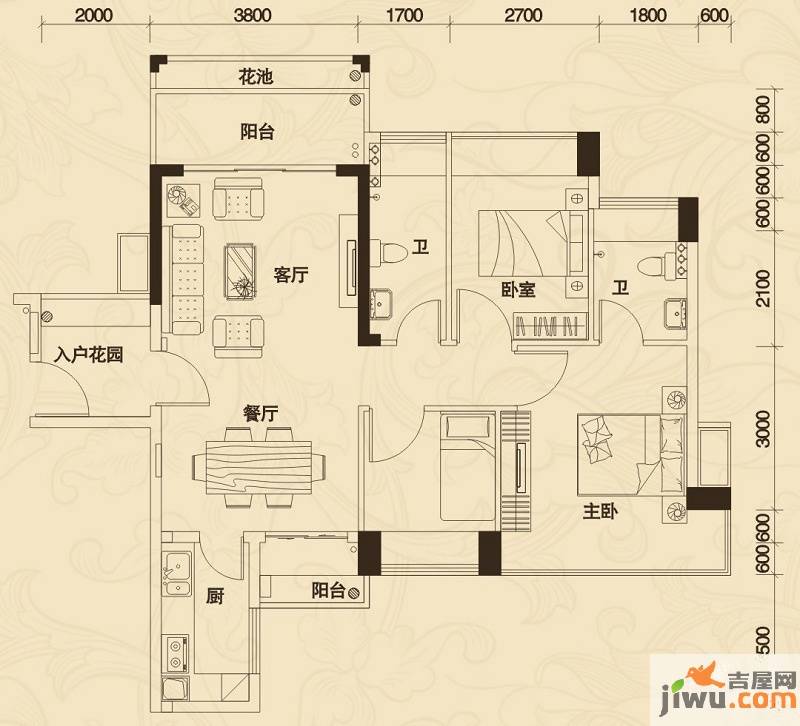 花城广场3室2厅2卫95.7㎡户型图