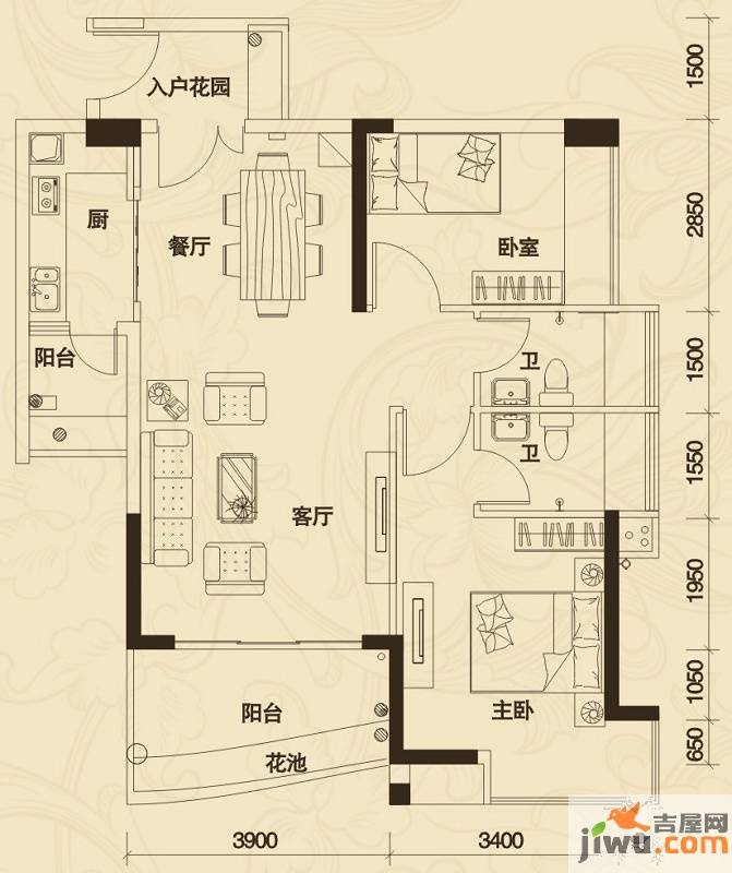 花城广场2室2厅2卫87.6㎡户型图