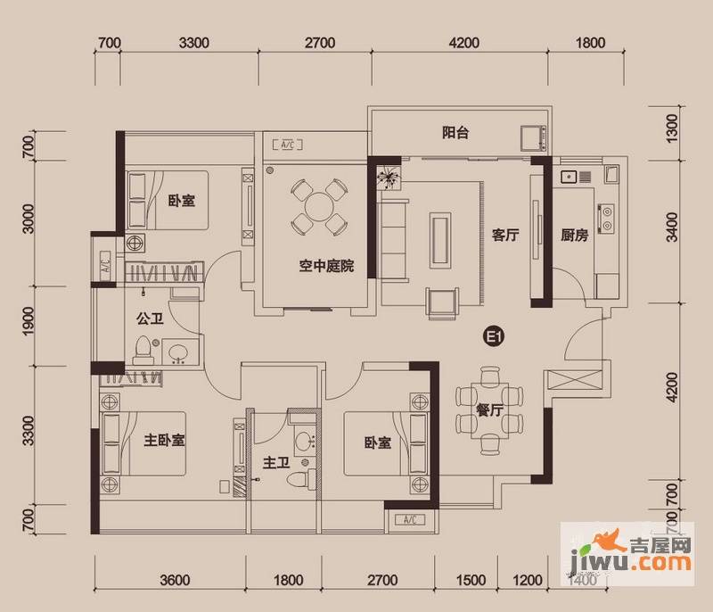 金地外滩8号4室3厅3卫114.3㎡户型图