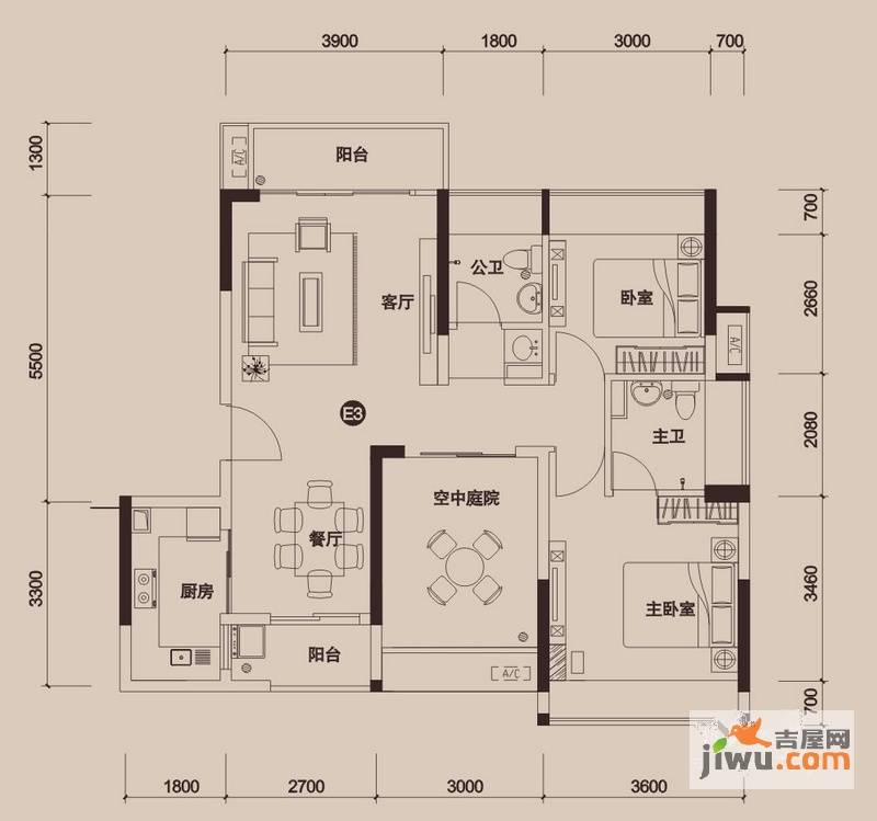 金地外滩8号3室2厅2卫94.4㎡户型图