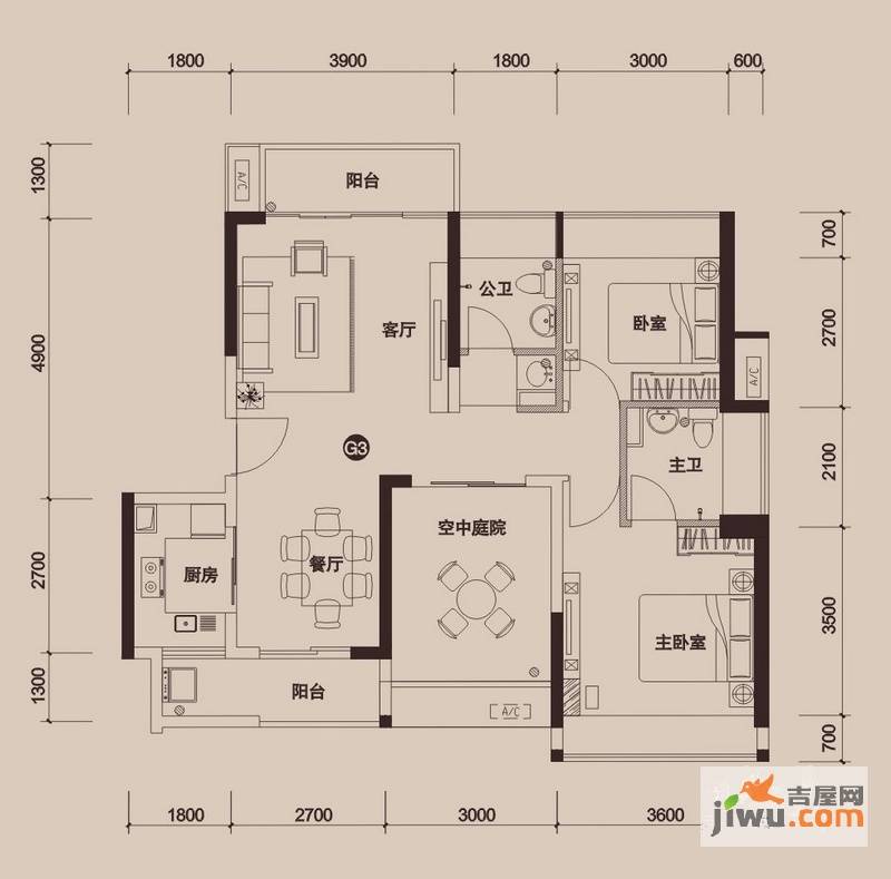 金地外滩8号3室2厅2卫97.4㎡户型图