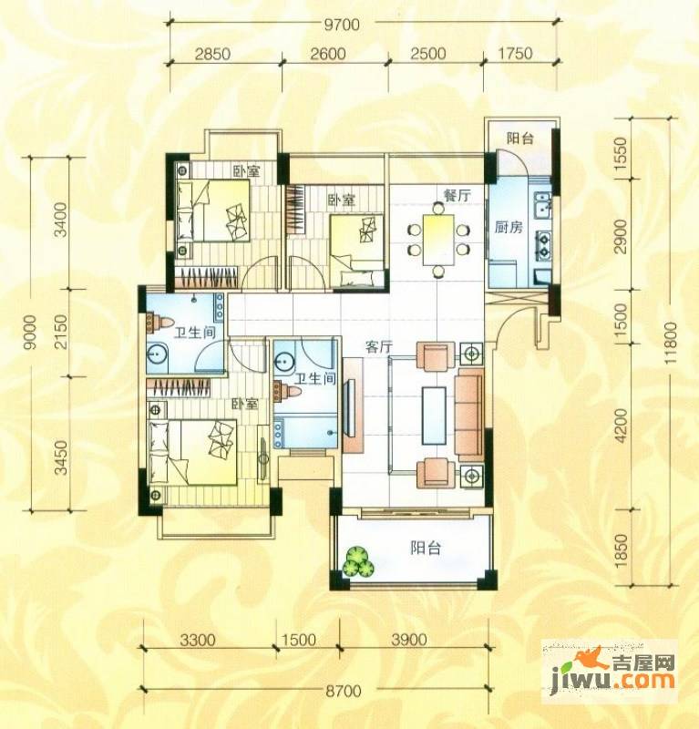 雍景家园3室2厅2卫112㎡户型图