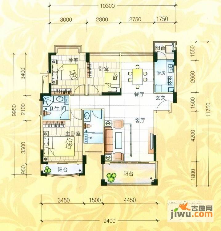 雍景家园3室2厅2卫115㎡户型图