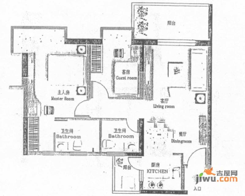 丽景花园三期1室2厅2卫86㎡户型图