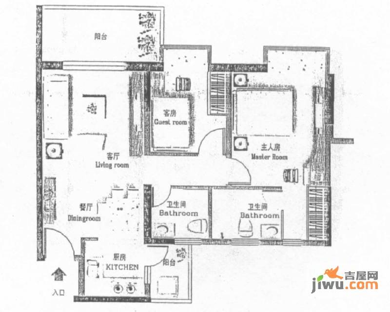 丽景花园三期3室2厅2卫86㎡户型图