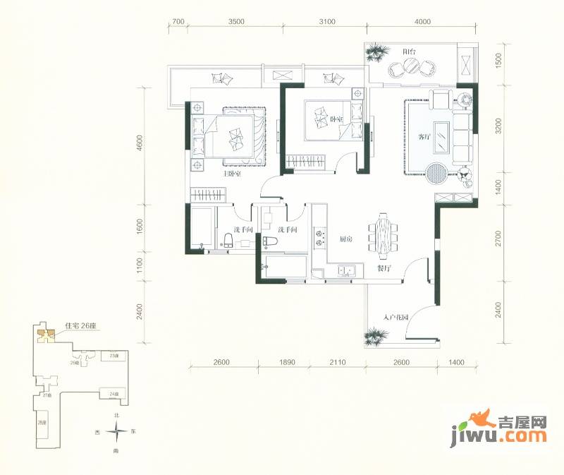 棕榈泉公寓2室2厅2卫100㎡户型图